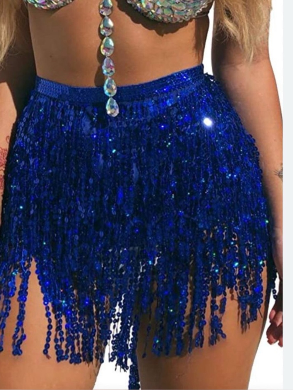 Sequin Fringe Mini Skirt in Deep Blue - Tie Waist